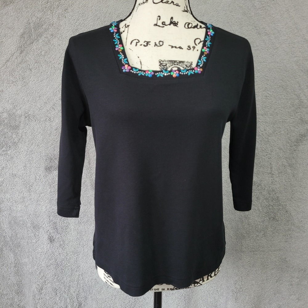 Vintage Get Lucky black top colorful rhunestone details square neckline quirky‎